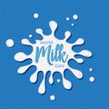 World Milk Day lettering concept. Greeting card calligraphy illustration. Vector isolated illustration   on blue background. Royalty Free Stock Photo